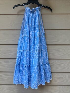 Juliet Dunn Blue Floral Tiered Halter Dress